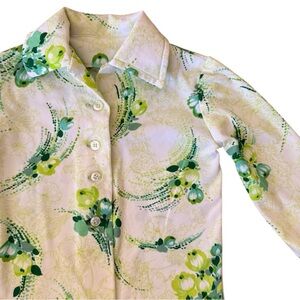 70s Girls Floral Button Up Lime Green White Retro Vintage